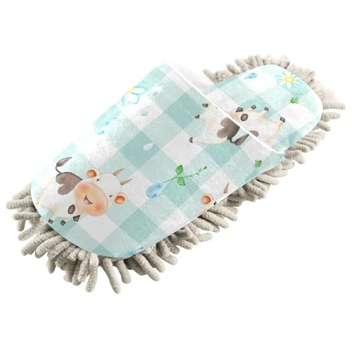 Microfiber Cleaning Slippers Buffalo Print Cute Daisy Cows Washable Mop Shoes Slipper for Men/Women House Floor Dust Cleaner, Size L2