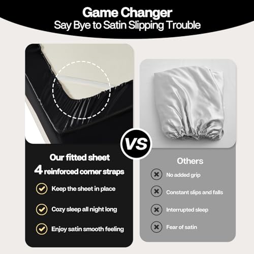 MR&HM Satin Fitted Sheet Queen Size, Silky Bottom Sheet with Elastic Corner Straps, Deep Pocket up to 15 Inch, No More Slipping Off for Mattress - 1 Fitted Sheet Only (Black) - Image 6