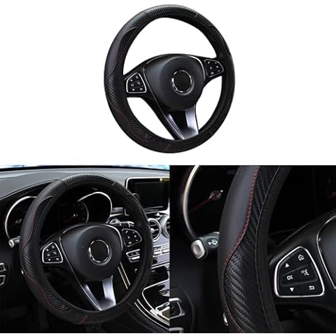 Couslcd Car Steering Wheel Cover, 15 inch Carbon Fiber Microfiber PU Leather Elastic Steering Wheel Protector for Men Women, Anti-Slip Breathable Car Interior Accessories for Most Cars (Black) Cover
