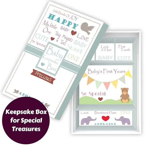 Baby Memory Book w/Keepsake Box & 30 Monthly & Baby First Milestone Stickers - Gender Neutral First Year Scrapbook Journal - Baby Photo Album for Boys