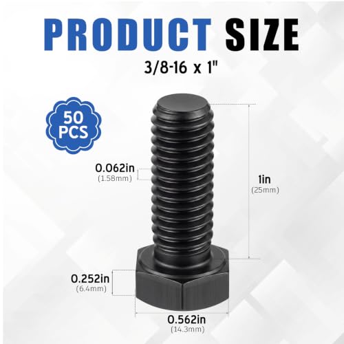 Image of Zonon 50 Pcs 3 /8-16 x 1 Hex Head Screw Bolt 18-8 (304) Stainless Steel Hexagon Bolts, Fully Threaded, Plain Finish, External Hex Drive (Black)