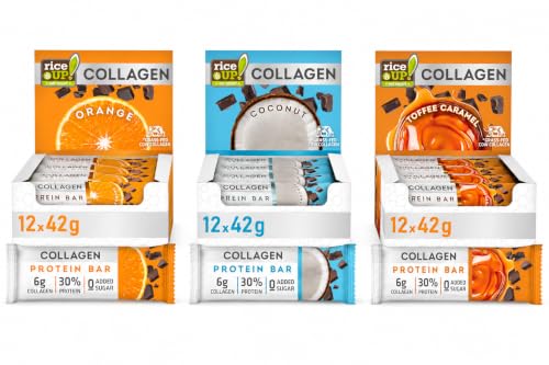 Barre proteinee collagene RiceUP! contre les baisses d'energie : lot de 36 barres orange, coco