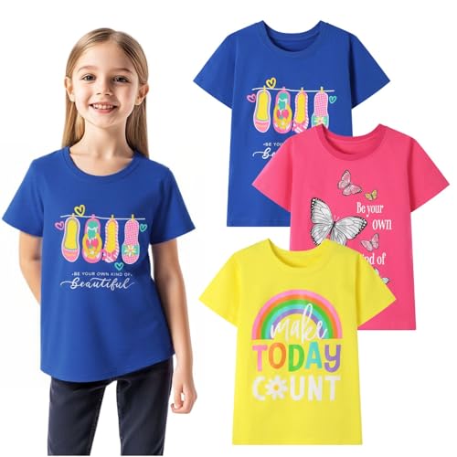 Image of HILEELANG Big Girl Short Sleeve Tees Summer Royal Blue Yellow Rose Red Graphic Rainbow Butterfly Cotton Tops Shirts Size 12-13, 24gt06#royalblueshoes