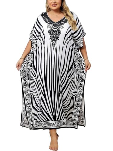 Image of KECVOT Kaftan Dresses for Women V-Neck Print Swimsuit Cover Up Plus Size Beach Caftan Lounge Dress