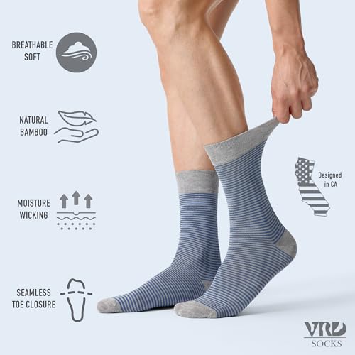 VRD Bamboo Mens Dress Socks for Men, 5 Pack, Striped Design Crew Length Mid-Calf Socks, Mens Shoe Size 8-133