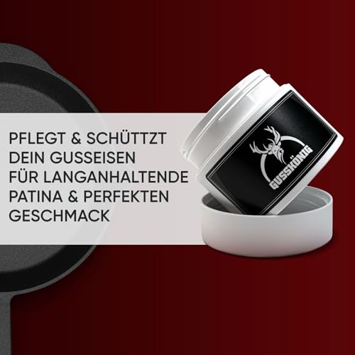 GUSSKÖNIG Gusseisen Pflegepaste 250 ml – Made in Germany – 100% natürliche Pflege mit Bienenwachs & Kokosöl – für Dutch Oven, BBQ & Kazan Gusseisen – Einbrennen & Rostschutz für Pfannen & Grillplatten