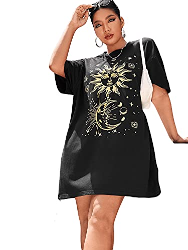 Soly Hux Women's Plus Size Graphic Print Half Sleeve Loose T Shirt Dress Black Sun Moon 2Xl #TOP3