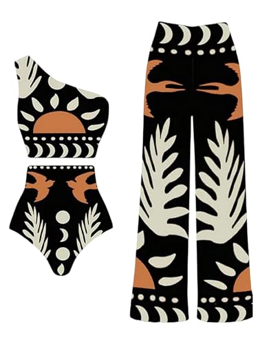SOLY HUX Women's 3 Piece Swimsuit Printed One Shoulder High Waisted Bikini Set Bathing Suit with Cover Up Pants