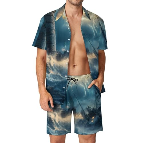 Conjunto de camisa con botones y shorts Lighthouse Wave de hombre para vacaciones en la playa