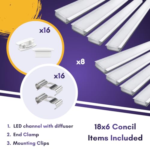 Image of Lighting 18x6mm LED Strip Lights 1 Meter Aluminium Rectangular Concealed Profile Light Channels with Diffused Cover, End Caps and Mounting Clips Without LED Straight Linear, (Pack of 8)