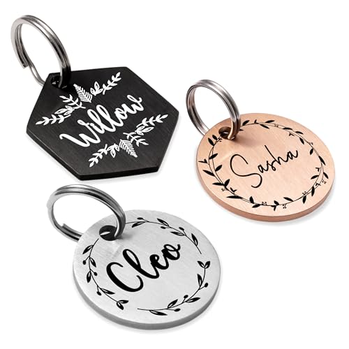 Ultra Joys Stainless Steel Pet ID Tag Dog Name Tags Personalized Front and Back Engraving, Customized Dog Tags and Cat Tag, Optional Engraved on Both Sides, Hexagon Tag with Vine Design, Small