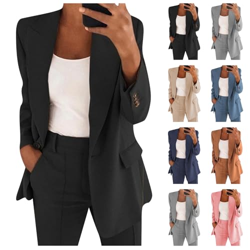 ZWRXW Women's 2 Piece Blazer Set Dressy Blazer Pants Suit Set Button Blazers Jackets Wide Leg Pant Sets Office Work Clothes4