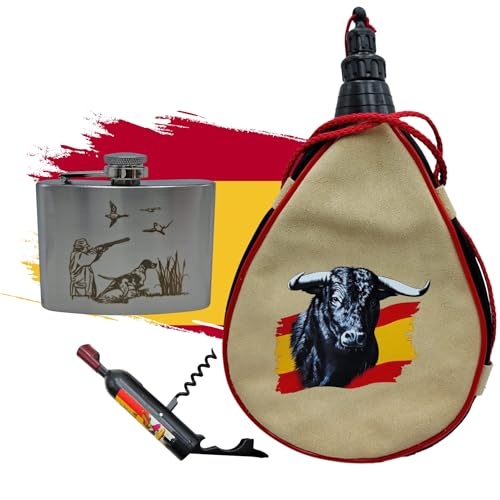 Pack Bota De Vino 1,5 L Taurina + Petaca con Grabado Cazador de 118 ml Jabalí De Acero Inoxidable Y Sacacorchos Con Imán | Regalo Para Caza Y Campo (Cazador)