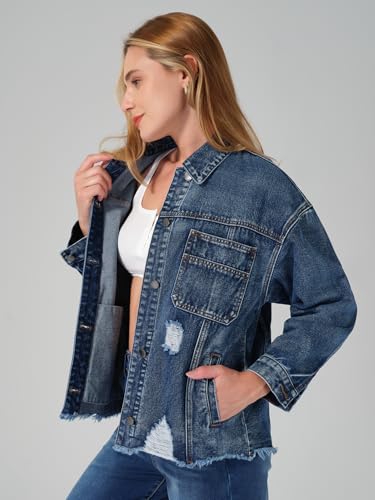 roswear Women’s Jean Jackets Long Sleeves with Fringe Oversized Distressed Denim Trucker Jacket Coat2