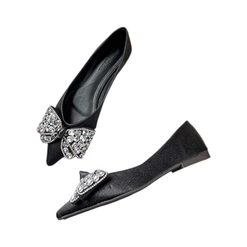 Rhinestones Bow Ballet Flats for Women, Comfortable Pointed Toe Work Slip On Walking Shoes, Women's Ballerina Flats for Dressy
