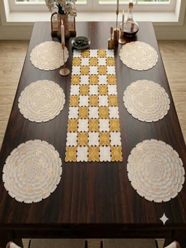 Image of Dakshya Industries PVC Waterproof Round Table Placemat & Table Runner Combo Set | 6 Round Table Mats (38 x 38 cm) + 1 Table Runner | Heat Resistant, Washable, Non Slip Dining Table Decor (Elancia)