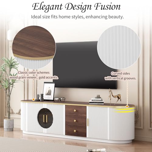 Image of 70.8 inch Modern TV Stand with Glass Doors & Storage Drawers, Fluted Media Console for TVs Up to 90 inch, Entertainment Center with Shelves & Cable Management - Gold Accents, Walnut Finish,White