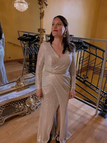 UZN Long Sleeve Sequin Prom Dresses Long Split for Women Sparkly V Neck Formal Evening Party Gowns4