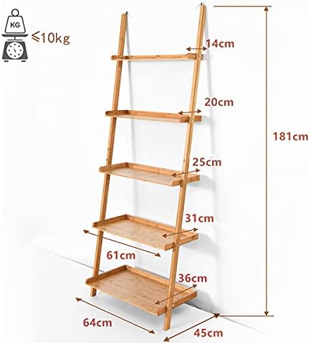 COSTWAY 5 Tier Ladder Shelf, Bamboo Leaning Wall Rack Bookcase, Display Storage Shelving Unit Flower Plant Stand for Living Room, Kitchen and Bathroom (with Raised Baffle, 64 x 45 x 181cm)