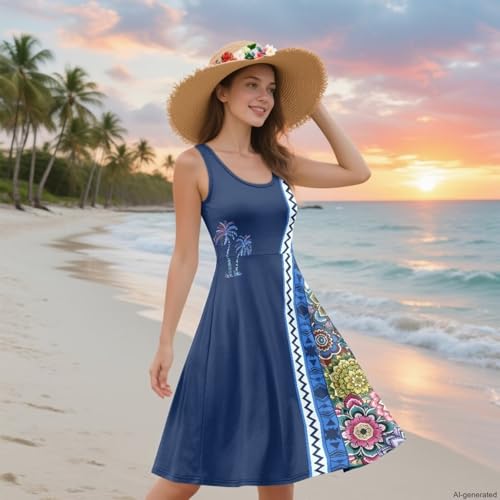 Image of TOADDITDO Women's Sleeveless O Neck Beach A-Line Party Coctail Tank Dresses Flared Sundress