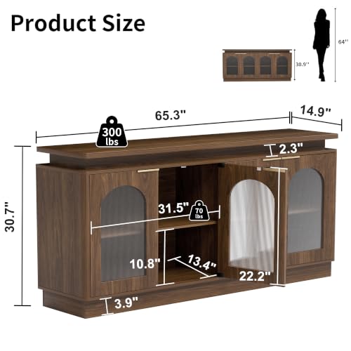 Image of LKTART 65.3 inch Sideboard Buffet Cabinet with Arched Doors LED Lights,Walnut