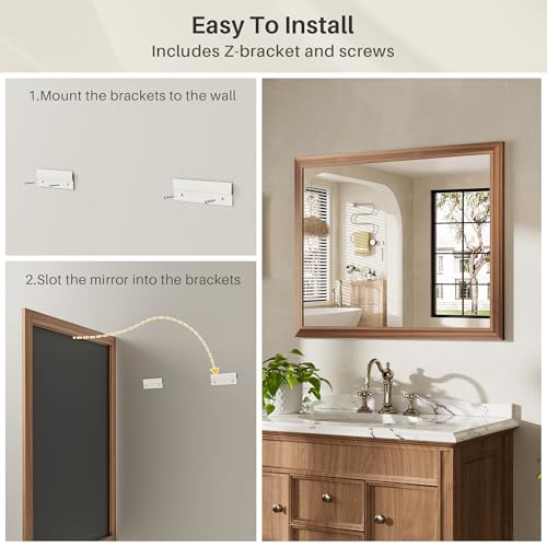 Image of 40x32 Inch Bathroom Mirror for Wall, Anti-Rust Walnut Wood Grain Metal Framed Bathroom Mirrors for Over Sink,Rectangler Mirrors for Bathroom Vanity, Farmhouse, Bedroom, Living Room, Entryway Decor