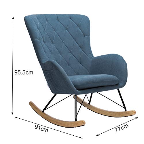 INMOZATA Relax Rocking Chair Comfortable Linen Fabric Rocker Relaxing Chair Traditional Arm Rest Lounge Chair with Fabric Cushion (Blue) - Image 3