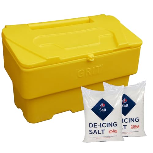Generic Lockable Yellow Grit Bin - 100cm x 52cm x 61cm, 190kg Capacity, Includes 150kg White De-Icing Salt