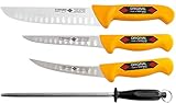  SOLINGEN EIKASO Metzger/Fleisch/Schlachtmesserset 4tlg. mit Kullenschliff, sehr scharf, Handabzug, Ausbeinmesser gerade/gebogen, Blockmesser und Wetzstahl