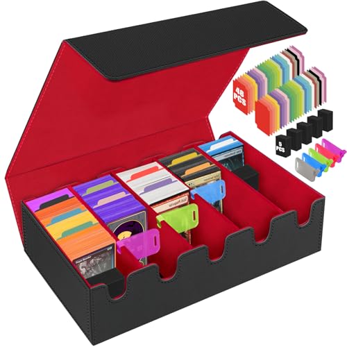 Image of AOBOPLE Trading Card Storage Box,3500+ Card Box Storage with 48 Dividers and 10 Card Supporters PU Leather Magnetic Cards Deck Case for MTG,TCG,Magic and Sport Cards (Black Red)
