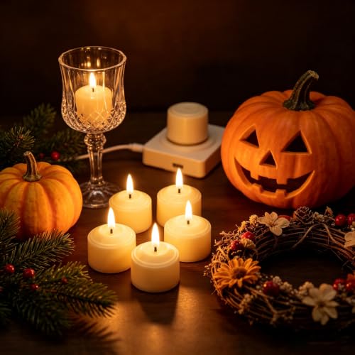 Image of Rechargeable Tea Lights Flameless Candles with Remote Timer & Charging Base, LED Tealight Candles Battery Operated USB Candles for Fall Wedding Christmas Halloween Table Centerpiece Reception, 12-Pack
