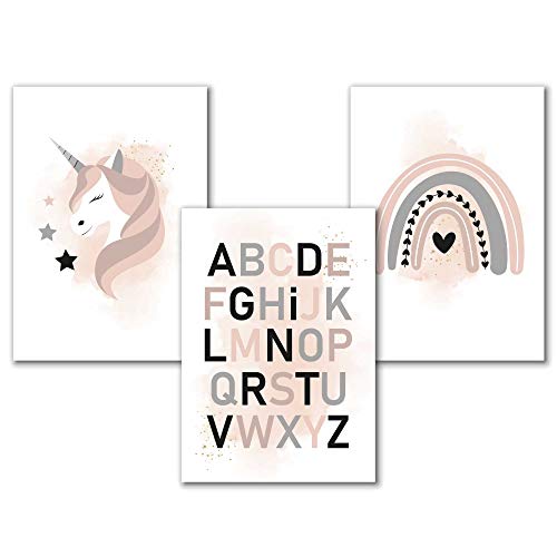 JONONOH ABC Aquarell Kinderzimmer Bilder Set für Mädchen in Rosa Grau mit dem Alphabet, einem Einhorn und Regenbogen, Poster Babyzimmer Deko Cover
