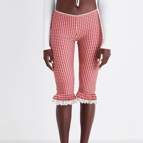 Women Plaid Capri Pants Summer Elastic Waist Knee Length Lace Ruffles Hem Skinny Casual Capris Legging2