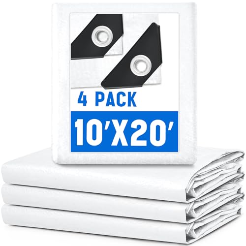 Image of 4 Pack White Tarps 10 x 20 ft, 5.5 Mil Heavy Duty Waterproof Tarp, Multipurpose Shade Tarp for Patio, Pergola, Swimming Pools, Boats, Camping, Courtyards, Sunshade & Outdoor Protection Cover