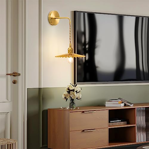 Shenmoyl Vintage 1-Light Wall Sconces Gold Pleated Shade Brass Cap Adjustable Chain Retro Gold Wall Mounted Light, Wall Lamp Fixtures Decor For Bedside Bedroom Indoor Doorway #TOP5