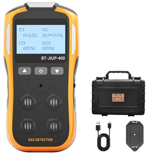 Image of Gas Detector, Portable 4 Gas Monitor for H₂S, CO, LEL, and O₂,Rechargeable Gas Gas Leak Detector with Vibration, Visual and Audible Alarms, 14h Long Battery Life, Reliable for Work Home