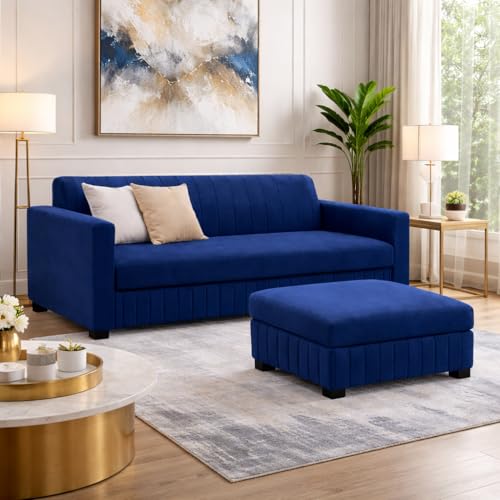 Image of FURNY Gracina 4 Seater L Shape Sofa Set with Movable Ottoman | Flexible Left or Right Layout | Plush Velvet Fabric (Dark Blue) | Perfect for Living Room, Guest Room & Office