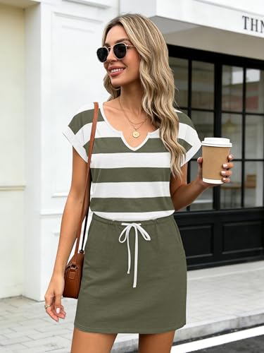 Image of SAUKOLE Women Summer T Shirt Dress Casual Short Sleeve V Neck Dress with Pockets Drawstring Waist Short Dresses