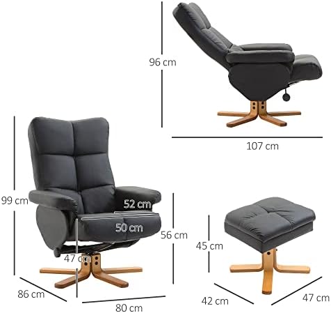 HOMCOM Faux Leather Swivel Recliner Chair with Footstool, Wooden Base and Storage for Living Room, Black