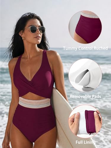 Image of B2prity Women's One Piece Swimsuit Tummy Control High Waisted Bathing Suit | Color Block,Removable Soft Cups,Cutout,V neck,Full Coverage,Adjustable Criss Cross Straps,Tie Back
