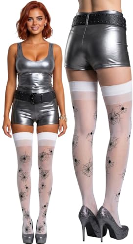 Image of ToBeInStyle Women's Spiderweb & Crawling Spider Print Hosiery Tights & Thigh High Stockings