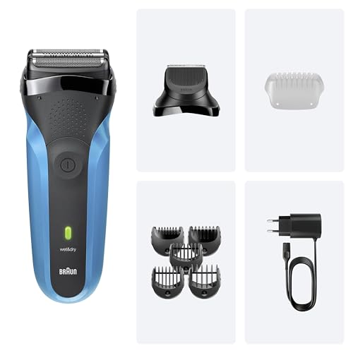 Braun Series 3 Rasierer Herren Elektrisch, Elektrorasierer mit 3 Flexible Klingen, Rasierapparat, Barttrimmer Aufsatz, +5 Kammaufsätze, Nass- & Trockenrasierer für Männer, 310BT, Blau