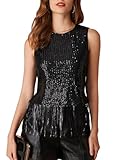 Womens Sleeveless Sparkle Tops Fringe Round Neck Sparkly Tank Tops Shimmer Crop Concert Shirts Disco Outfits Black XL