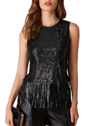 GRACE KARIN Sparkly Fringe Tops for Women Sleeveless Crewneck Tassel Sequin Tank Top Glitter Crop Party Shirt Cami Outfit