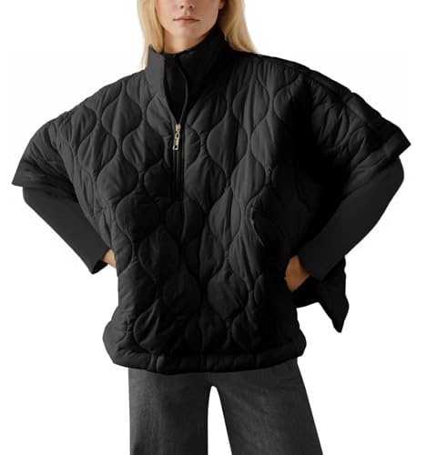 Fazortev Women's Puffer Poncho Pullover Quilted Jacket Short Sleeve Half Zipper Coat Cape Outerwear