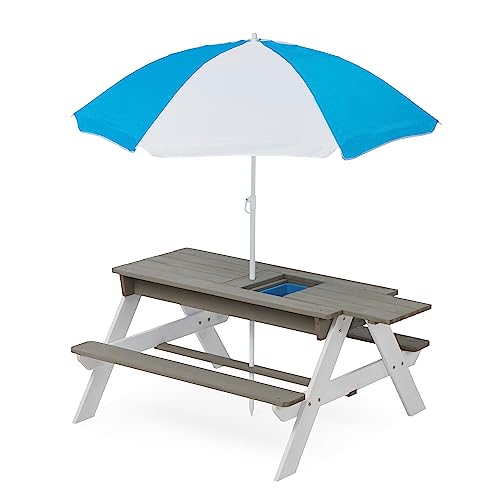 BYLUXA 3-in-1 Kids Outdoor Wooden Sand & Water Table with Adjustable Umbrella & Sink Toys – Convertible Picnic Table, Space-Saving Design for Garden, Backyard & Beach Play (Gray)