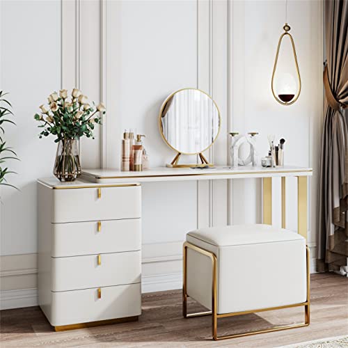 I-Pook Modern Makeup Vanity Set, Wood White Dressing Table Set With Side Cabinet, 15.75" Round Mirror And Pu Leather Stool For Girls Bedroom, Gift For Wife, Daughter, Mother, 47.24" X 29.53" X 17.72" #TOP1