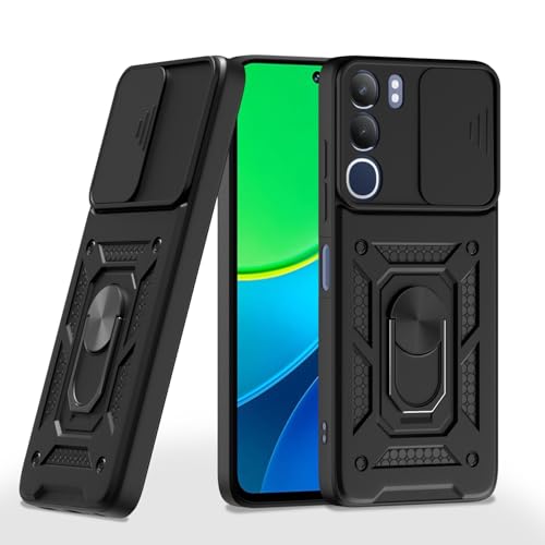 Image of Pikkme Back Cover for Vivo Y29 5G / Vivo Y19s | Sliding Camera Shield with Ring Stand | D10 Full Camera Protection Bumper Case (Black)