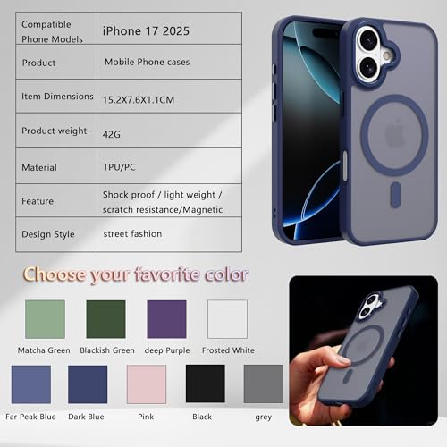 Image of Magnetic for iPhone 17 Phone Case, [Compatible with MagSafe], Screen Protectors X1, [Military Grade Drop Protection],Matte Finish,Slim,Shockproof,Protective (Blue, iPhone 17)