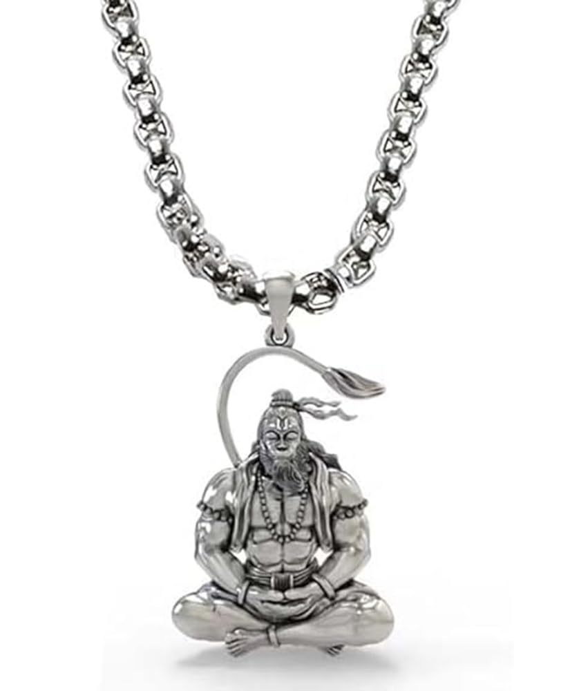 Meditating Hanuman Pendant for Men Dhyan Mudra Bajrangbali Pendant with Chain Spiritual Jewelry for Casual Wear Prayer & Gifting-image-0